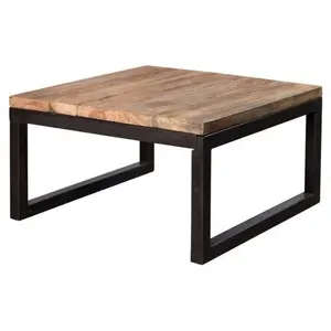 Table basse en bois massif avec design industriel moderne, base en métal pliable, démontable, en bois de manguier pour le salon - Product Image 1