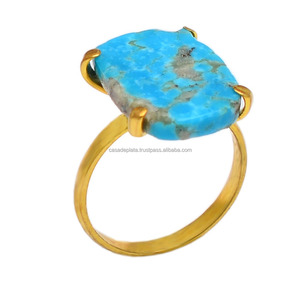 Prong Setting Turquoise Gemstone <b>Gold</b> Plated 925 Sterling Silver <b>Ring</b> Jewelry <b>Vintage</b> Fashionable <b>Ring</b> For Wedding Gift Parties. - Product Image 1