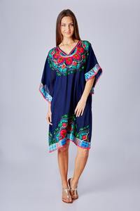 Robe Tunique Bohème Été Frais à Broderie Florale, Coupe Trapèze, Bleu Vibrant, Cache-Maillot de Bain, Décoration Dentelle, Col en V, Coupe Décontractée, Plage et Soleil - Product Image 2