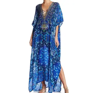 Hot & Perfect Party Women's Wear Digital Printed Kaftan V Neck For Party Wear Western Outfit Silk Embellished Kaftans