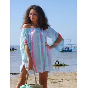 Wholesale Customize Sexy Ladies Beachwear Off Shoulder Tunic India Elegant Traditional Mexican Style Embroidered Short Dress