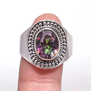 Gegraveerd Mystic Topaz Labradoriet Turquoise Onyx Carneool Aquamarijn Ruby Granaat Edelsteen 925 Sterling Zilveren Sieraden Ring