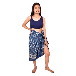 Diseño personalizado Sanganeri bloque impreso gasa bufanda traje de baño Sarong hecho a mano gran estola azul playa cubierta-venta al por mayor - Product Image 5