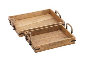 Plateau de service en bois rectangulaire avec poignées en corde, design rustique, matériau solide et durable - Product Image 1