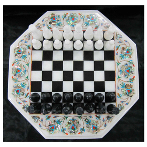 Marble Inlay Mother Of Pearl Handmade <b>Chess</b> Design <b>Table</b> Top - Product Image 1
