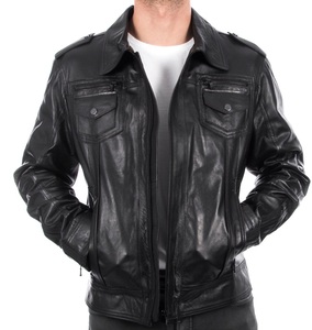 <b>Black</b> Biker Style Motorcycle Jacket Classic <b>Real</b> Leather Fashion Jacket with Front Zip and Pockets Comfortable Leather Jackets - Product Image 2