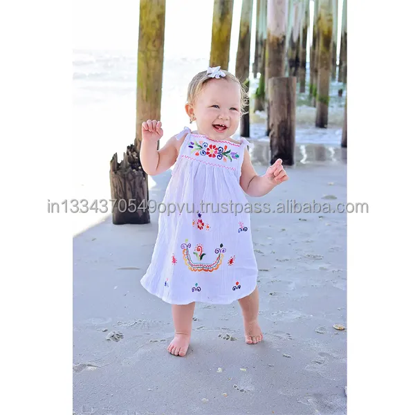 Çocuk önlük önlük el hazırlanmış renkli nakış meksika tarzı bebek kız elbise toptan yaz plaj Coverup çocuk giyim