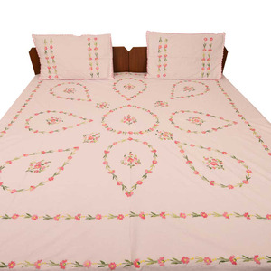 ผ้าปูที่นอนผ้าฝ้ายปักลายดอกกุหลาบสีชมพูอ่อนแบบอินเดีย,ผ้าปูที่นอนทำมือ2ชิ้น - Product Image 1