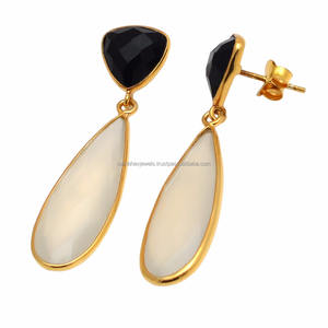 Designer Women's 925 Sterling Silver Drop Dangle <b>Earrings</b> Gold Plated Natural White Black <b>Onyx</b> Gemstone Fashionable Party Gift - Product Image 1