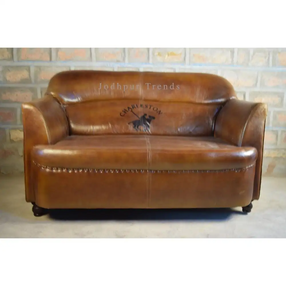 Industrial & Vintage Solid Wood & Genuine Leather Two Seater Sofa For Living Room