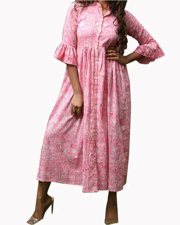 Indiano de Alta Qualidade Designer Impresso Kurti kurta longo padrão de cor rosa de algodão Vestido Para as mulheres