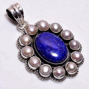 Bijoux pendentifs en pierres précieuses en argent sterling 925, bijoux pendentifs en lapis naturel et perles, bijoux en pierres précieuses en argent antique - Product Image 1