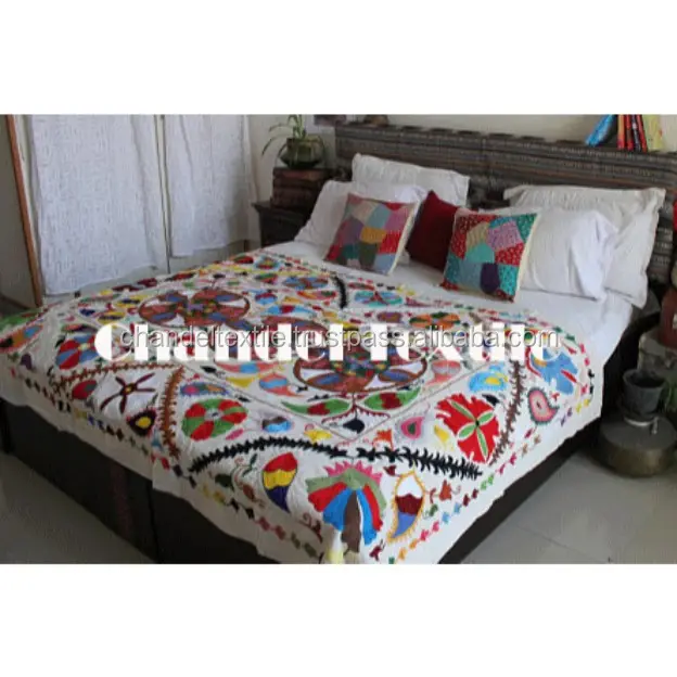 Indiano suzani lençol de cama bordado, cobertura para cama suzani, colcha floral, decoração boho, tapeçaria de parede