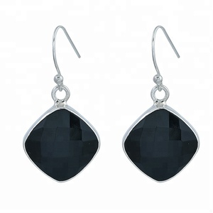 Cojín corte negro ónix piedra preciosa 925 plata esterlina pendientes colgantes clásicos regalo de boda de moda para fiesta oreja de aro fino - Product Image 1