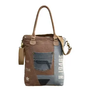 Aangepaste Logo Afdrukken Promotionele Canvas & Jeans Patchwork Lederen Handvat Print Tote Bag Vrouwen Boodschappentassen