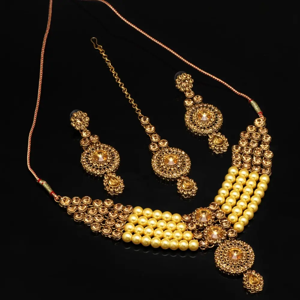 Collier en Imitation de perles Kundan, couleur or, avec boucle d'oreille et dyang Tikka