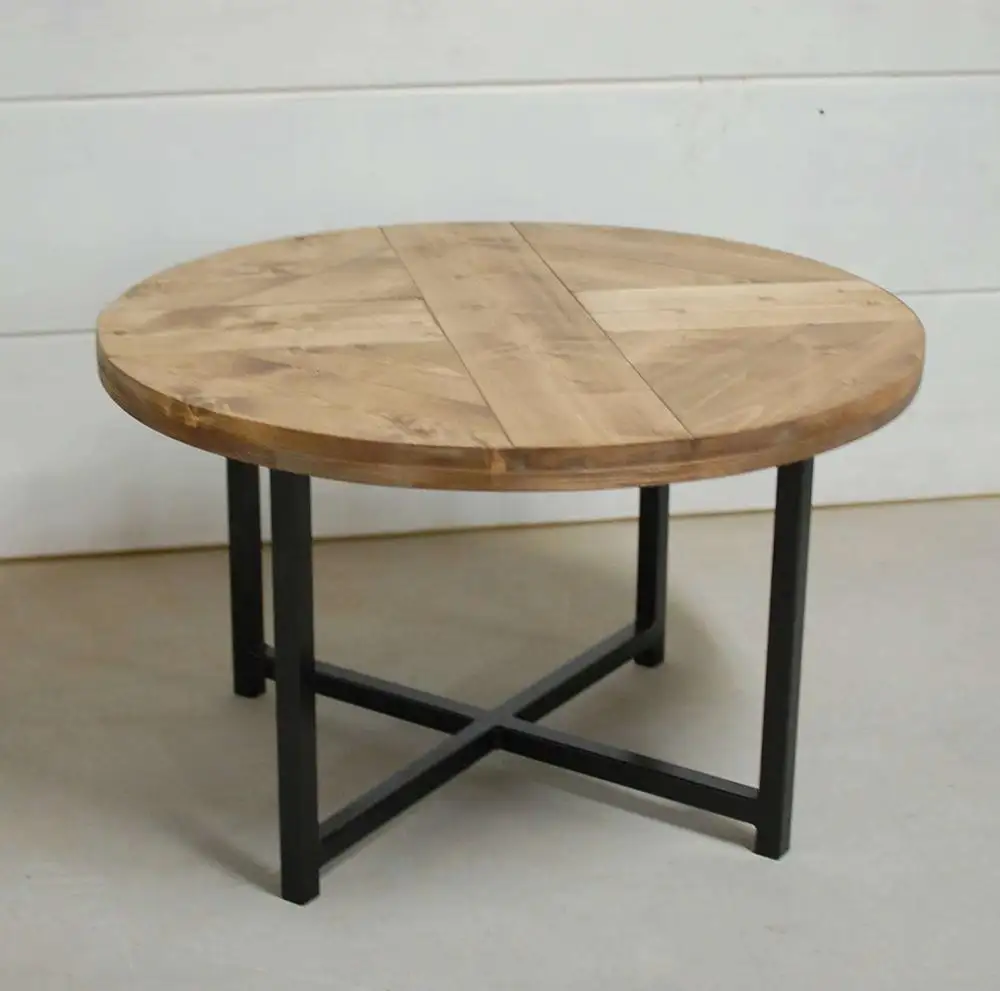 תעשייתי עגול קפה שולחן, מוצק עץ עגול ברזל רגל קפה שולחן