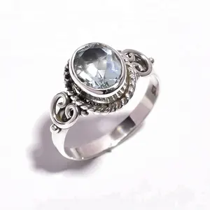 高品质蓝色黄玉戒指手工精品珠宝批量批发925纯银戒指珠宝制造商