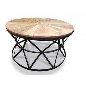 Mesa de centro de Metal con tapa de madera redonda - Product Image 1