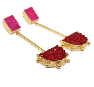Boucles d'oreilles pendantes en druse rouge et rose naturelle, nouveaux designs, en or et argent plaqué, style unique, double pierre suspendue, 1 paire - Product Image 4