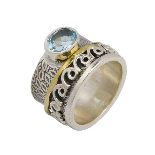 Meditasi 925 Sterling Silver Spinner cincin dengan biru Topaz batu permata perak tembaga Spinner Band Handmade perhiasan