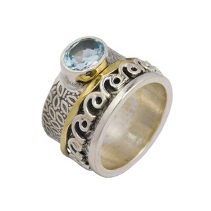 925 Sterling Silver Eternity Vermeil <b>Ring</b> Fine Jewelry with Blue Topaz Gemstone Bezel Setting Copper <b>Spinner</b> Bands - Product Image 1