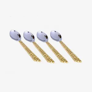 <b>Square</b> Check Handle Coffee Spoon long Gold handle gold tea spoon flatware stainless steel cutlery <b>set</b> stainless steel - Product Image 1