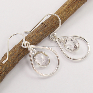 Lovely 925 Solid <b>Sterling</b> <b>Silver</b> Natural CRYSTAL QUARTZ Gemstones Oval Cut Handmade Third Party Certified <b>Dangle</b> <b>Earrings</b> - Product Image 1