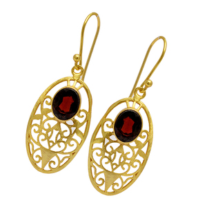 พลอยโกเมนสีแดงตัดรูปไข่ต่างหูลวดลายเป็นเส้นแบบห้อย925เครื่องประดับชุบทองเงินสเตอร์ลิงต่างหูแฟชั่นคลาสสิกทรงรี - Product Image 1