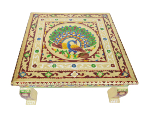 Taburete Rajwadi Chowki-Bajot / Taburete para Sentarse - Diseño de Pavo Real, Madera Hecha a Mano, 15x15x7 Pulgadas, Chowki-G.M. - Product Image 1