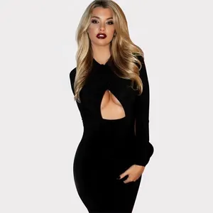 Ladies New Design Figure hugging Criss-Cross Open Bust Long Sleeve Midi Club Dress Factory Direct Sexy Summer Party Ladies Dress