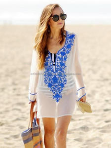 Última túnica informal elegante Bohemia para mujer bordado Floral Mini playa manga larga Sexy verano cintura Natural gran oferta de talla grande - Product Image 3