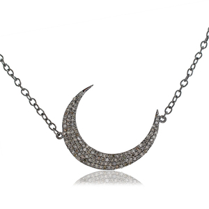 Natural Pave Diamond Oxidized 925 <b>Silver</b> Crescent <b>Moon</b> Pendant Chain <b>Necklace</b> Fine Jewelry Wholesale - Product Image 1