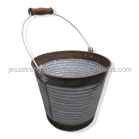Handmade Galvanized Sheet Planter Bucket With Gray Powder Coating Finishing Round Shape With Wire Handle For Garden Decoration