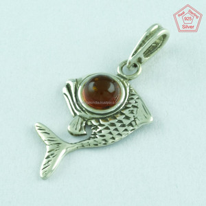 Pendentif poisson en argent sterling 925, pendentif en pierre d'ambre, bijoux en argent indien - Product Image 3