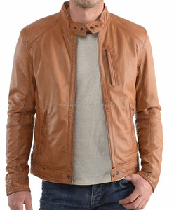 Blouson d'hiver en cuir marron ciré pour homme, vêtement en cuir d'agneau, de motard, veste courte - Product Image 1