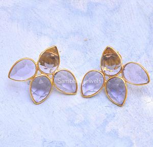 Handmade 925 Sterling <b>Silver</b> 18K Gold Plated Bezel Setting Minimalist <b>Stud</b> <b>Earrings</b> <b>for</b> <b>Women</b> with Natural Amethyst Gemstone - Product Image 2
