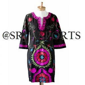 Amazing Suzani Embroidery Long Sleeves Tribal Boho <b>Vintage</b> Ethnic Style Banjara Bright Customize Resort Wear <b>Women</b> Tunic <b>Dress</b> - Product Image 1