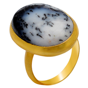 Anillo de Plata de Ley Chapado en Oro con Ópalo Dendrítico de Corte Ovalado en Engaste de Bisel, Clásico para Aniversario de Bodas - Product Image 1