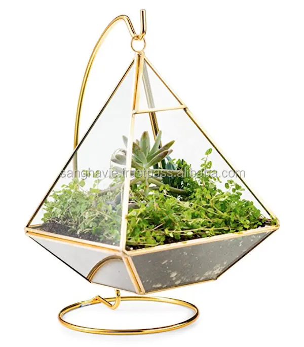 Terrario colgante de latón con forma de pirámide para el hogar, Terrario de plantas de flores con diseño de lujo, jarrones para plantas