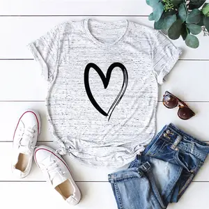 Nouveau Coeur Impression T-Shirt Femmes 100% Coton O Cou Manches Courtes Plus La Taille S-5XL D'été T-Shirt Tops T-Shirt Occasionnel femmes chemises