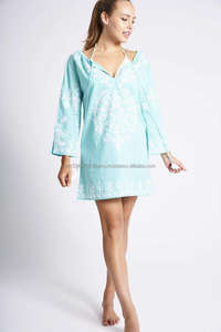 Traditional Tunic Oriental <b>White</b> Contrast Embroidered European Women Sexy Beach Cover Ups Swimsuit With Front <b>Ties</b> - Product Image 2