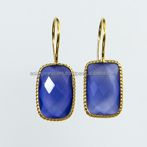 Pendientes de plata de ley con gema de Calcedonia azul, pendientes dorados vermeil - Product Image 1