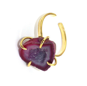 Pour les femmes bijoux naturel géode druzy bague réglable en laiton plaqué or broche bague de réglage usure quotidienne déclaration bague réglable - Product Image 2