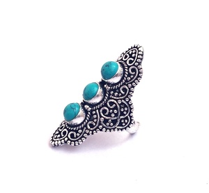 Trois Pierres Bague En Argent Turquoise Bague Lunette Fait Main Bague de réglage - Product Image 3