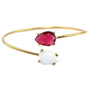 24k Gold Plated Red Hydro Quartz with White Agate Pear Shape Prong Setting Adjustable Bangle Bracelet Wholesale Jewelry India