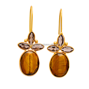 Ojo de Tigre y piedra preciosa de cuarzo ahumado Pendientes hechos a mano de Plata de Ley 925 Pendientes de moda para fiestas de regalos de boda. - Product Image 1