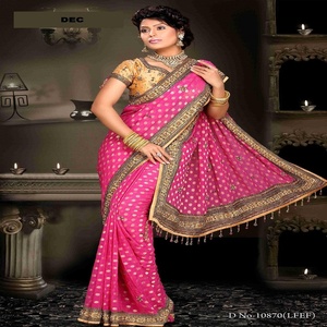 Toda la venta de gasa de color rosa bordado Sari - Product Image 4