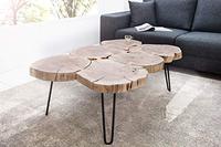 Table basse en bois massif à bord naturel, style vintage, avec pieds en forme d'épingles à cheveux, artisanat indien fait main, mobilier moderne