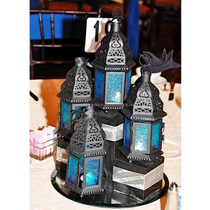 Vintage New Arrival Best Selling Antique Black Lantern With Blue Glass Cheapest Price For Ramadan Decorate Home & Office Decor